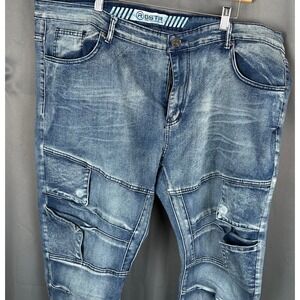 GSTR Mens Blue Wash Moto Style Cargo Jeans Size 46x32